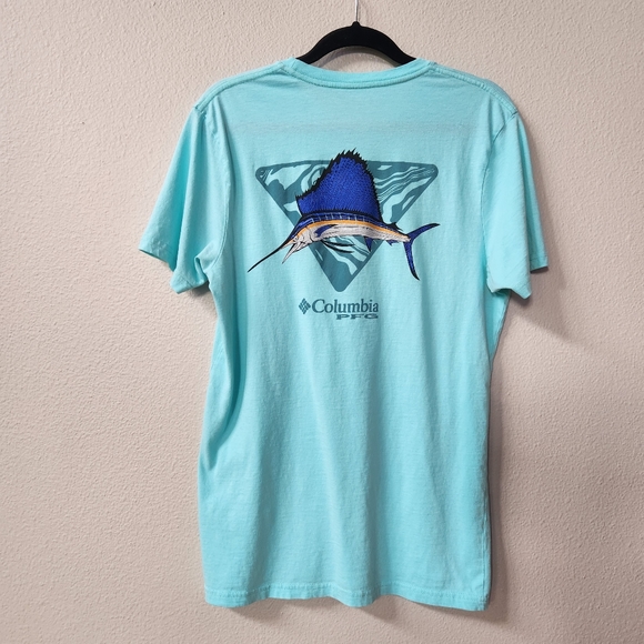 Columbia Men's Cotton Short Sleeve Graphic Print T Shirt in Aqua Swordfish - Picture 1 of 4